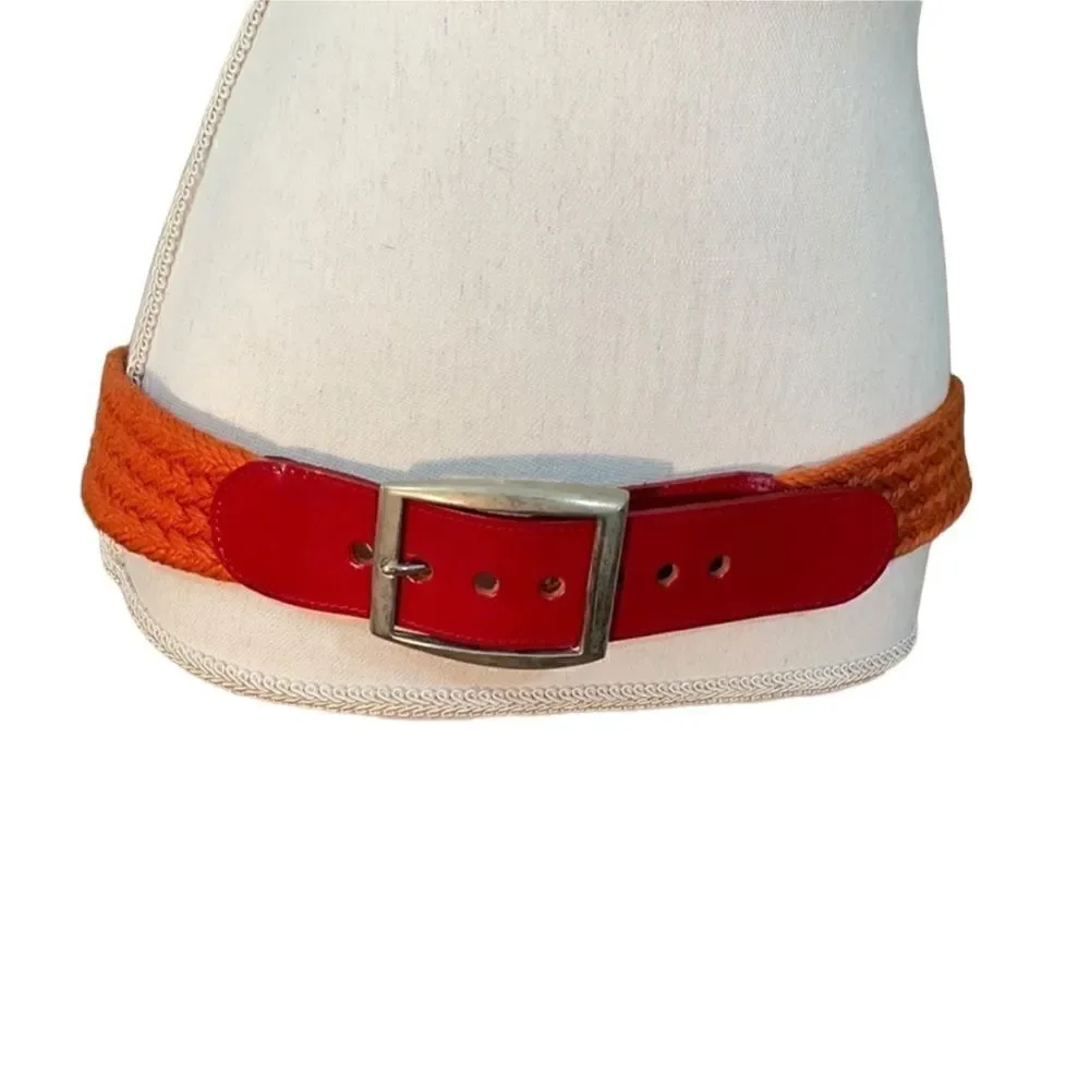 Vintage 1970s Bechelli Orange Leather and Webbing Belt  size large